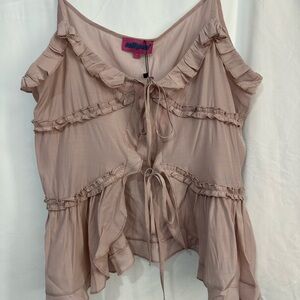 Edikted Tan Ruffled Tie Front Asymmetrical Blouse